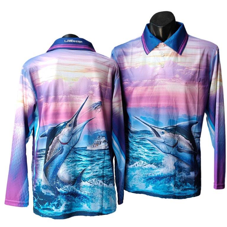 Marlin Fishing under cross Purple Custom name fishing shirts for